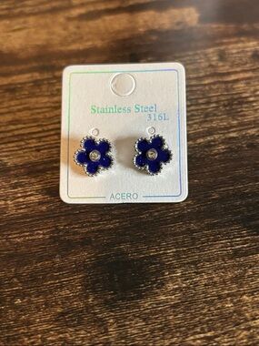 Blue Enamel Clover Flower Stainless Steel Stud Earrings